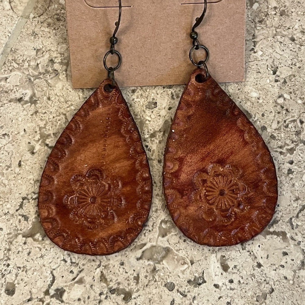 Handmade Tooled Leather Teardrop Earrings Floral Embossed Boho‎ Dangle Women